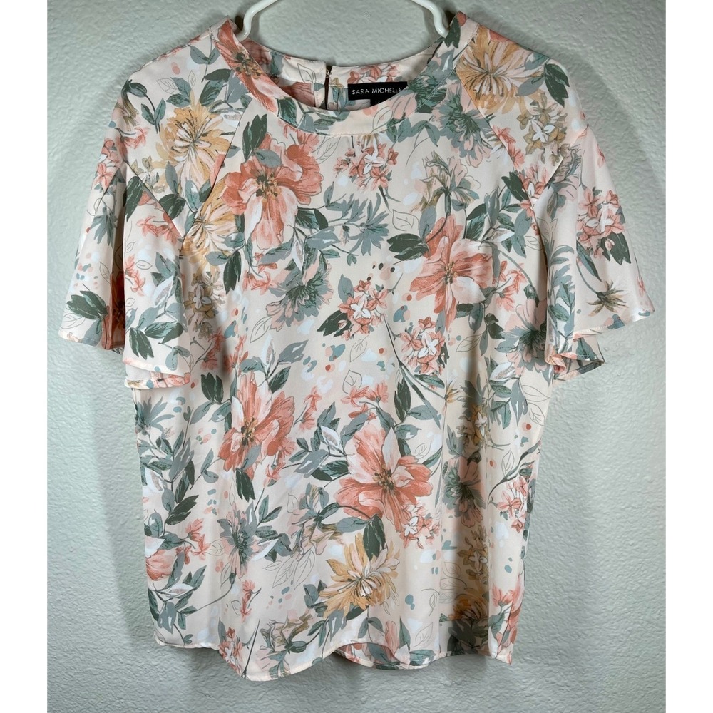 SARA MICHELLE Floral Print Flutter Sleeve Mock Neck Top Women's Size M cottage